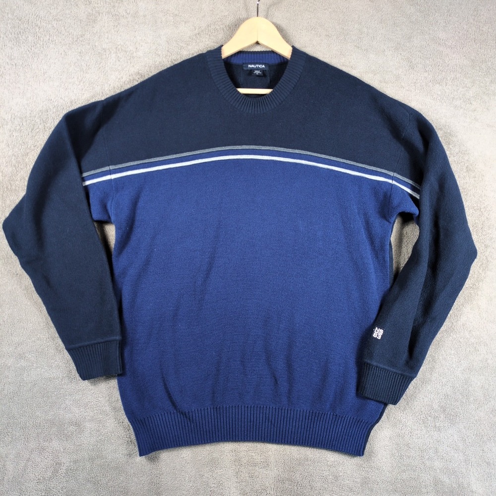 Nautica Sweater Mens Large Navy Blue Knit Cotton Crew Neck Classic‎ Grandpacore
